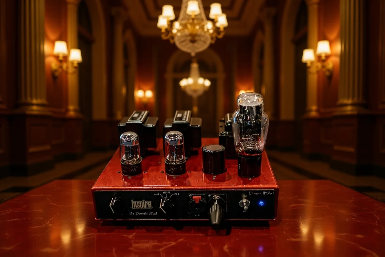 Vacuum tube amplifier in an ornate listening hall